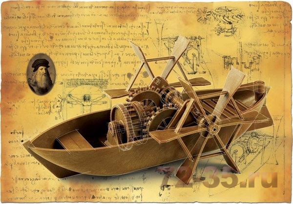 Лодка с гребными колесами по проекту Леонардо да Винчи